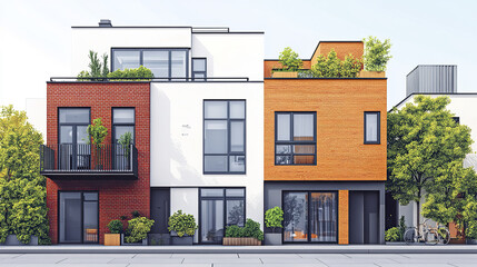 Obraz premium Modern townhouse with brick facade and rooftop garden