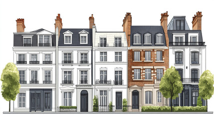 Fototapeta premium Elegant row of classic townhouses with varied facades and chimneys