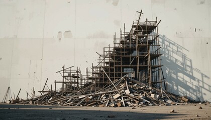 Collapsed scaffolding structure, failure concept, symbolic abandonment, contrast shadows