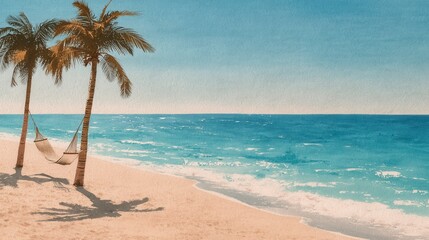 Obraz premium Tranquil beach scene with palm trees, hammock, and ocean waves under a bright sky.