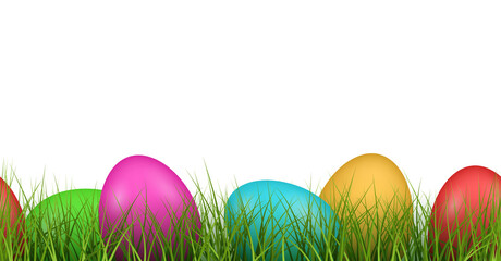 Bright colorful decorated easter eggs laying in green grass decorative seamless pattern on transparent background