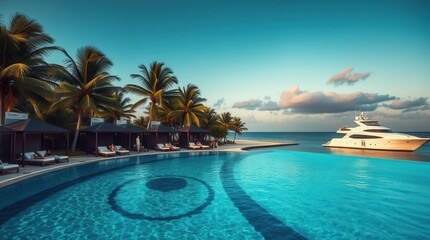 Tropical luxury: Poolside cabanas, palm trees, and a yacht on the ocean under a clear blue sky.