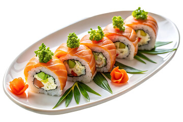 decorative Sushi seafood salmon on stylish thai white plate top view with transparent background