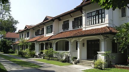 row of charming terrace houses with red roofs and lush greenery
