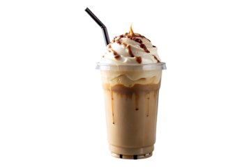 delicate ice cream frappe, liquid milk and chocolate theme with tall transparent trendy plastic mug with long straw on transparent background 