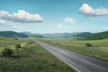 Expansive road stretches through lush green landscape under a clear blue sky