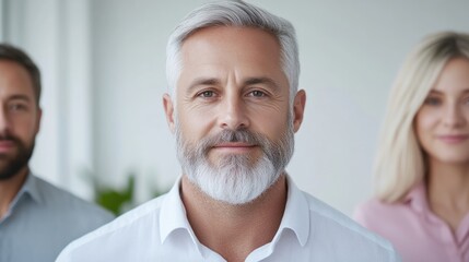 Obraz premium A high-resolution photo shows a mature man with gray hair and a beard, centrally positioned. Two other individuals are softly blurred in the background. The lighting is soft and natural. The style i