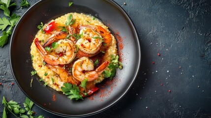 A vibrant plate of shrimp and grits with spicy seasoning. Featuring bold flavors and Southern cuisine