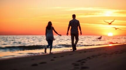 Couple walking along a sandy beach at sunset. Ocean waves in the background with birds flying overhead.