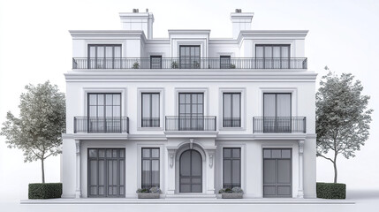 Fototapeta premium Elegant white townhouse with symmetrical design and large windows