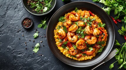 A vibrant plate of shrimp and grits with spicy seasoning. Featuring bold flavors and Southern cuisine