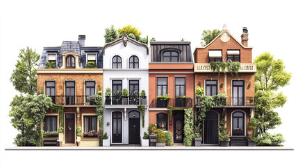 Obraz premium Charming row of colorful townhouses with lush greenery and elegant architecture