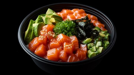 A vibrant poke bowl with salmon, avocado, and seaweed. Featuring freshness and nutrition