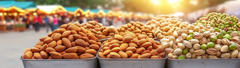 Fototapeta premium Street nut roasting stand with almonds market square food photography outdoor setting vibrant atmosphere