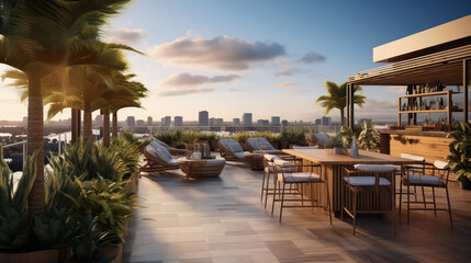 Obraz premium Terrasse d'une restaurant ou d'un bar en ville avec vue sur le paysage d'une ville. Rooftop, skyline. Arrière-plan pour conception et création graphique.