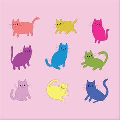 A collection of 9 adorable flat-style cartoon cats in playful poses and bright colors. Great for scrapbooking, digital planners, kids' printables, and more!