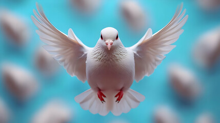 Fototapeta premium White Dove in Flight Against a Blue Sky with a Flock of Birds