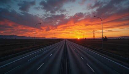 Sunset travel scenes on open highways with dramatic color grading