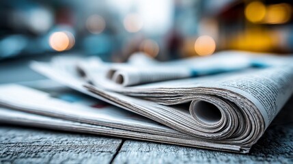 Rolled newspapers on a weathered wooden surface, blurred city background.