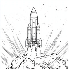 Obraz premium Rocket Launch in Space: A detailed monochrome illustration captures the powerful ascent of a rocket ship, bursting through the atmosphere with plumes of smoke and fire.