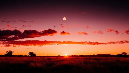 Sunset over golden grass field, vibrant orange sky with the sun and moon