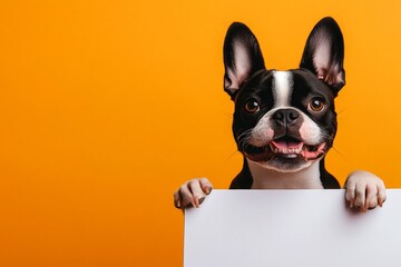 Isolated pup on a solid dress code bright orange background. Dog on ad board. Ð¡ute dog boston terrier hold in front paws a prototype - large white avenue sign. Studio mascot with sign.
