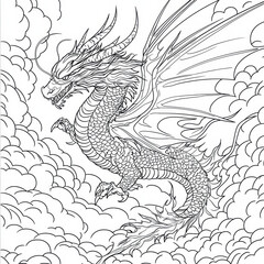 Dragon in the Clouds: An intricately illustrated dragon soars through a wispy, cloud-filled sky, showcasing majestic wings and a powerful presence in a detailed, black-and-white design.