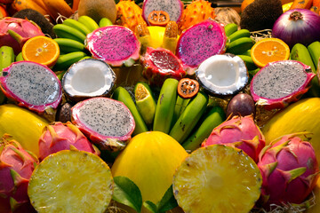 Colorful fresh fruits on a market stand. Las Palmas, Gran Canaria. Food market - Mercado de Vegueta in Las Palmas, Gran Canaria