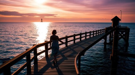 Obraz premium Woman walking towards horizon on a pier during a vibrant sunset near a distant lighthouse. Serene scene.