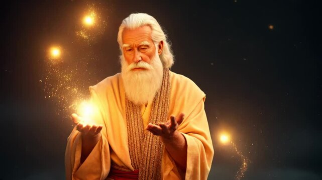 Godlike figure releasing glowing energy and planets from his hands, symbolizing the divine act of creating the universe and cosmic order