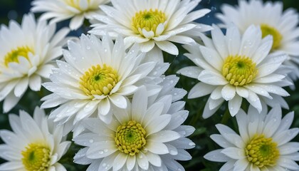 Fototapeta premium Close-up, eye-level shot of a cluster of white chrysanthemums covered in water droplets, set against a blurred background of blue and green