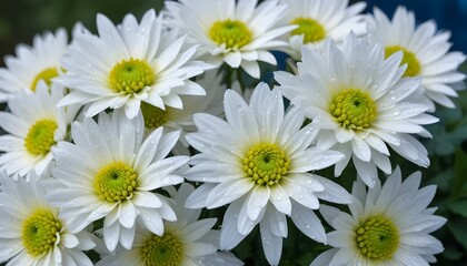 Obraz premium Close-up, eye-level shot of a cluster of white chrysanthemums covered in water droplets, set against a blurred background of blue and green