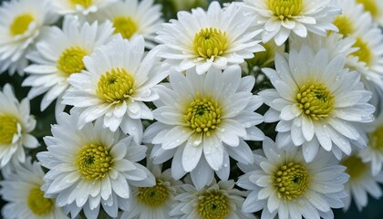 Obraz premium Close-up, eye-level shot of a cluster of white chrysanthemums covered in water droplets, set against a blurred background of blue and green