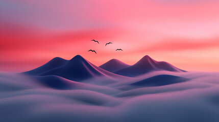 Pink and Purple Sunrise Over Misty Mountains with Birds