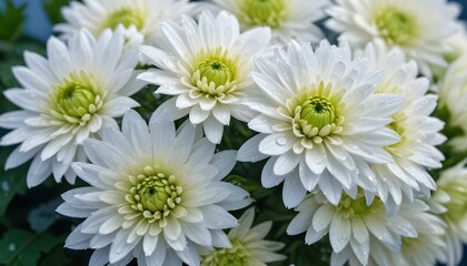 Fototapeta premium Close-up, eye-level shot of a cluster of white chrysanthemums covered in water droplets, set against a blurred background of blue and green