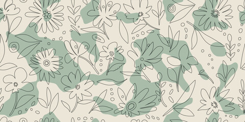 Hand drawn plant elements, flowers and leaves, seamless pattern, vector design