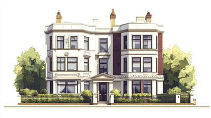 Fototapeta premium Elegant Victorian style townhouse with ornate details and lush greenery