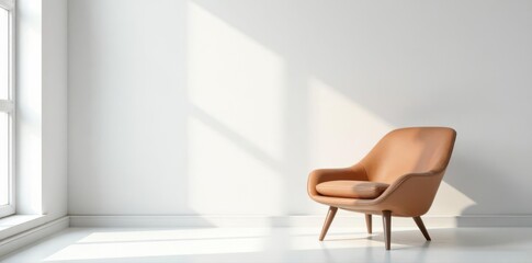 Sleek armchair against stark white wall; modern minimalist design , background, interior