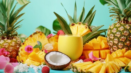 A vibrant smoothie with pineapple, coconut, and mango. Featuring tropical flavors and health