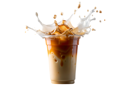 Iced coffee splash trendy plastic mug with milk layer theme on transparent background 
