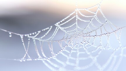 Delicate spiderweb adorned with morning dew.  Intricate network glistening with water droplets.  Soft, ethereal lighting