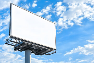 A white billboard stands prominently under a blue sky with clouds, ready for advertising in the city