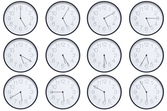 A set of twelve round wall clocks with dark brown frames and white faces showing 5-minute time intervals from 05:00 or 17:00 to 05:55 or 17:55. Clean white background, ideal for time, schedule, and de