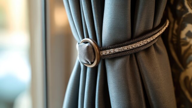 Curtain tieback detail holding thick blackout fabric, ready to be released to darken the room
