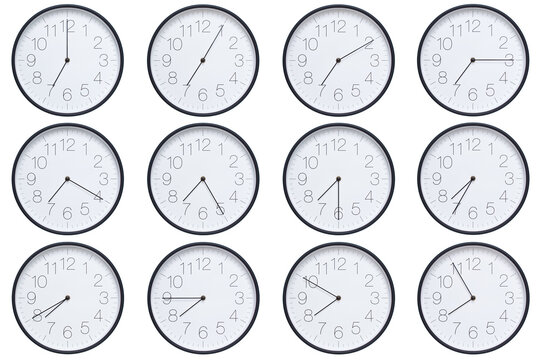 A set of twelve round wall clocks with dark brown frames and white faces showing 5-minute time intervals from 07:00 or 19:00 to 07:55 or 19:55. Clean white background, ideal for time, schedule, and de