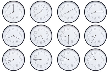 A set of twelve round wall clocks with dark brown frames and white faces showing 5-minute time intervals from 08:00 or 20:00 to 08:55 or 20:55. Clean white background, ideal for time, schedule, and de