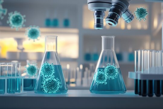 Detailed laboratory setup showcasing microorganisms under a microscope in a scientific environment