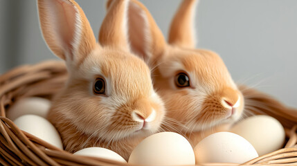 Obraz premium Two Adorable Brown Rabbits Nestled in a Wicker Basket with White Easter Eggs