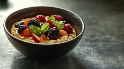 A warm bowl of oatmeal topped with fresh berries and honey. Featuring comfort and nourishment