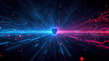 Naklejka premium Cybersecurity digital art with a heart amidst a network of colorful lines and dots, symbolizing love or care within a secure environment.